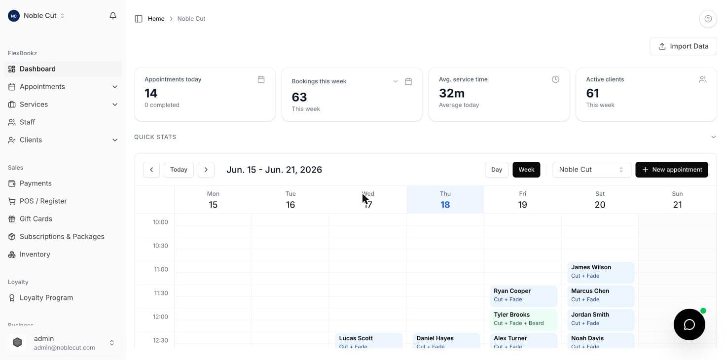 FlexBookz dashboard — weekly calendar with appointments, statistics and client management